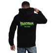 man wearing a black electrum supply hoodie with green metal style lettering on the front, right arm and back