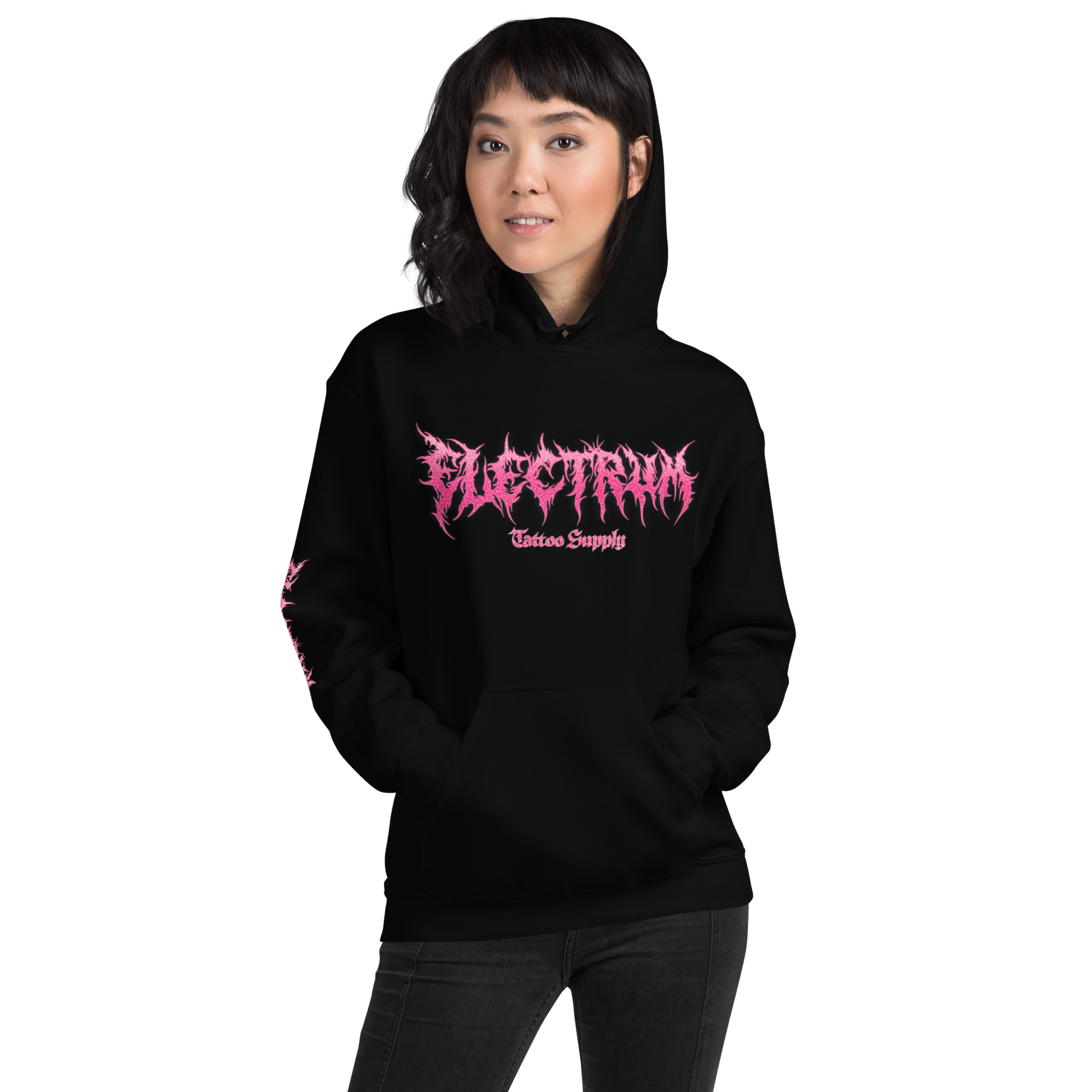 Black hoodie with Pink Electrum Logo on the front with subtle humurous message on the back, super comfy and pre-shrunk