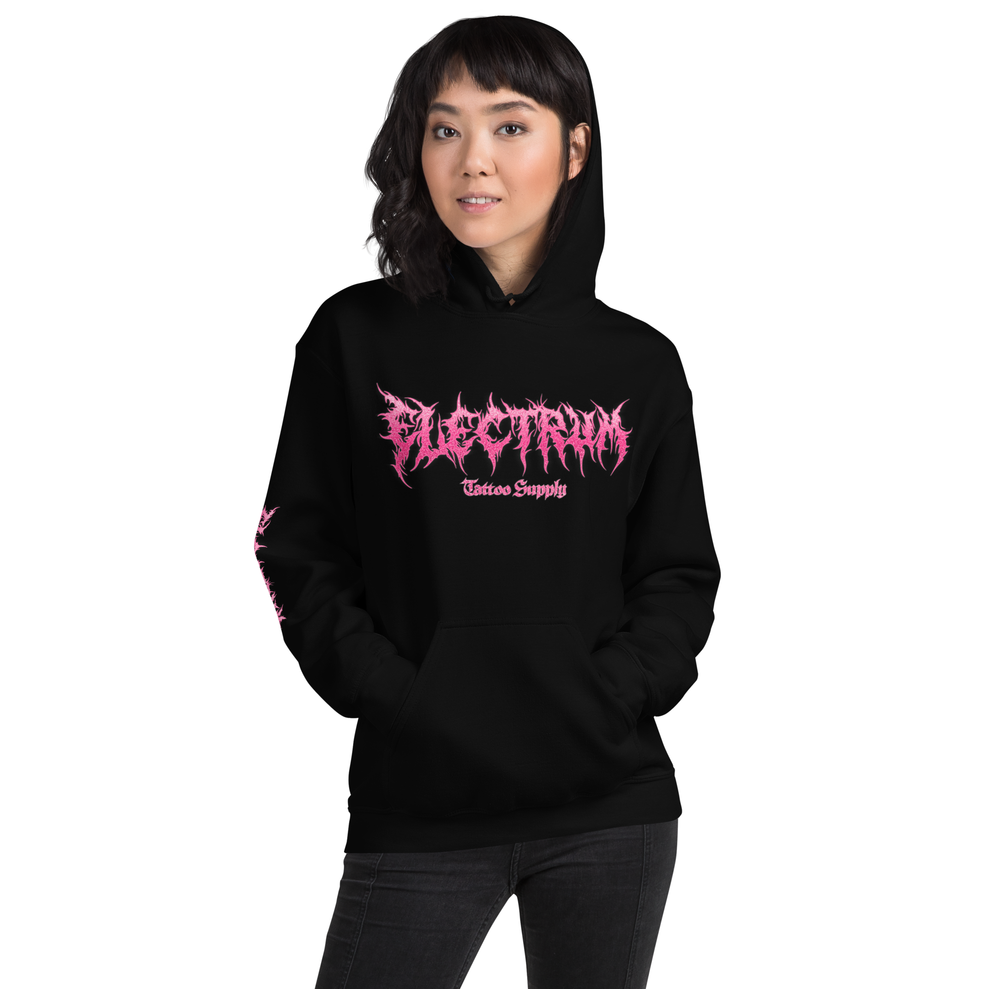 Black hoodie with Pink Electrum Logo on the front with subtle humurous message on the back, super comfy and pre-shrunk