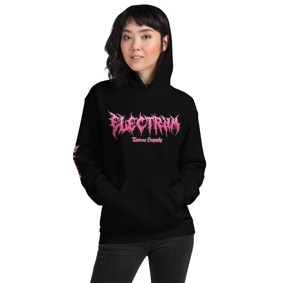 Black hoodie with Pink Electrum Logo on the front with subtle humurous message on the back, super comfy and pre-shrunk