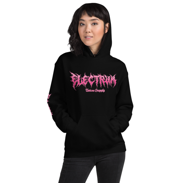 Black hoodie with Pink Electrum Logo on the front with subtle humurous message on the back, super comfy and pre-shrunk