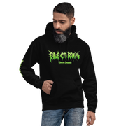man wearing a black electrum supply hoodie with green metal style lettering on the front, right arm and back