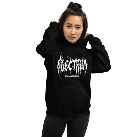 Person wearing a black hoodie with 'Electrum Tattoo Supply' logo in white in a metal inspired font