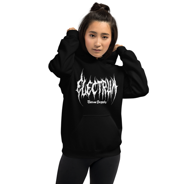 Person wearing a black hoodie with 'Electrum Tattoo Supply' logo in white in a metal inspired font