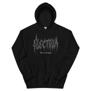 Black hoodie with 'Electrum' logo in grey metal lettering