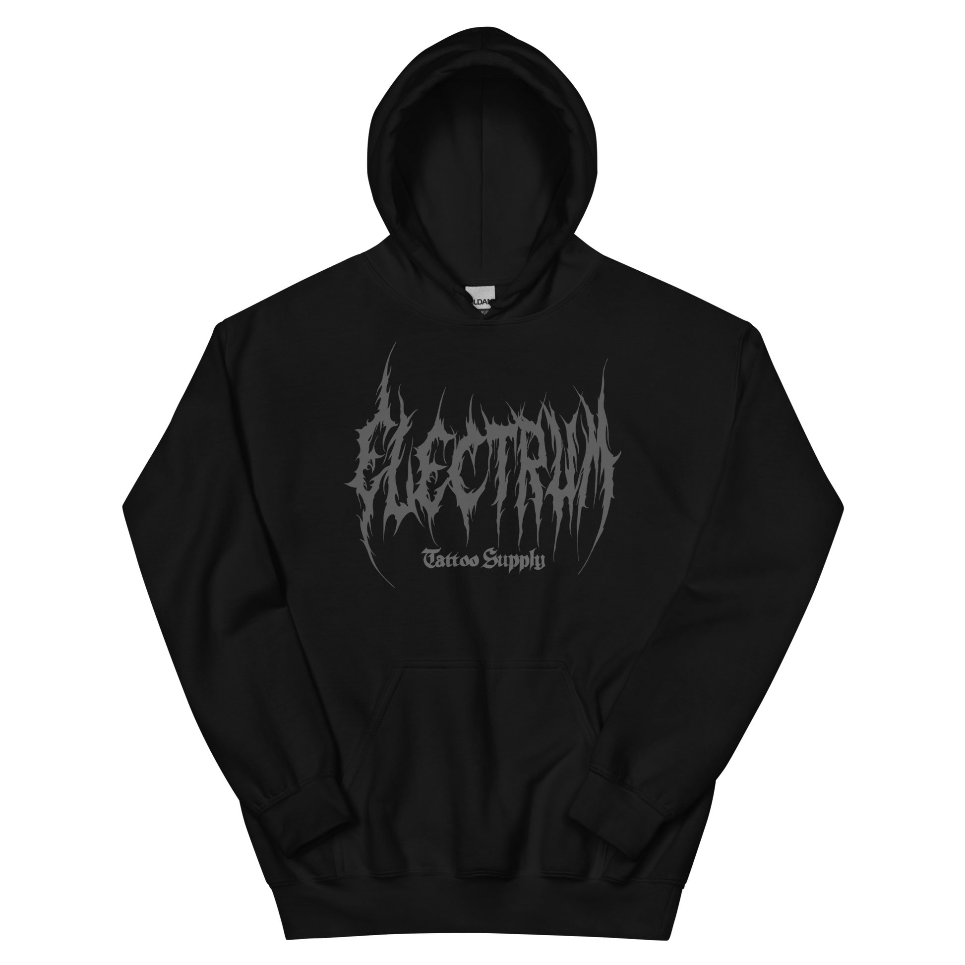 Black hoodie with 'Electrum' logo in grey metal lettering