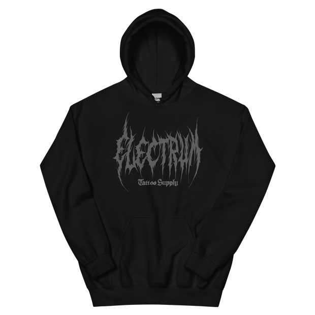 Black hoodie with 'Electrum' logo in grey metal lettering