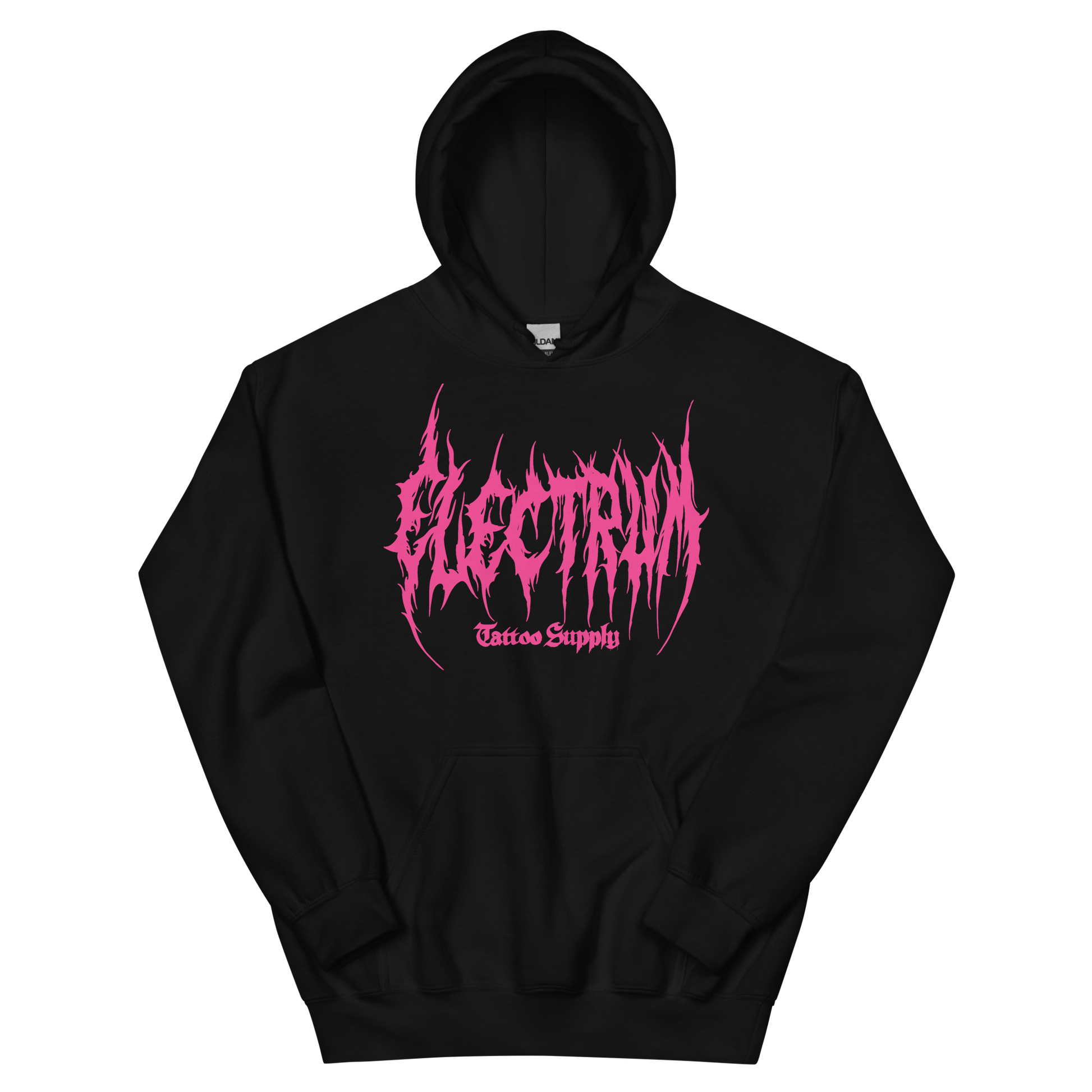 black hoodie with pink metal electrum text 