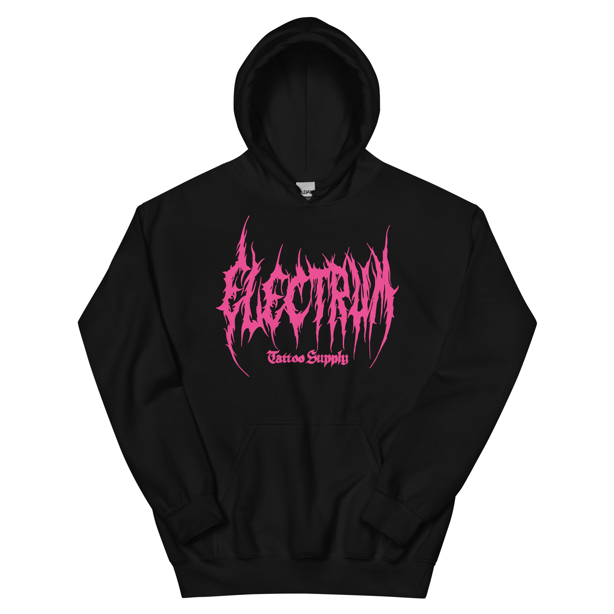 black hoodie with pink metal electrum text 