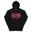 black hoodie with pink metal electrum text 