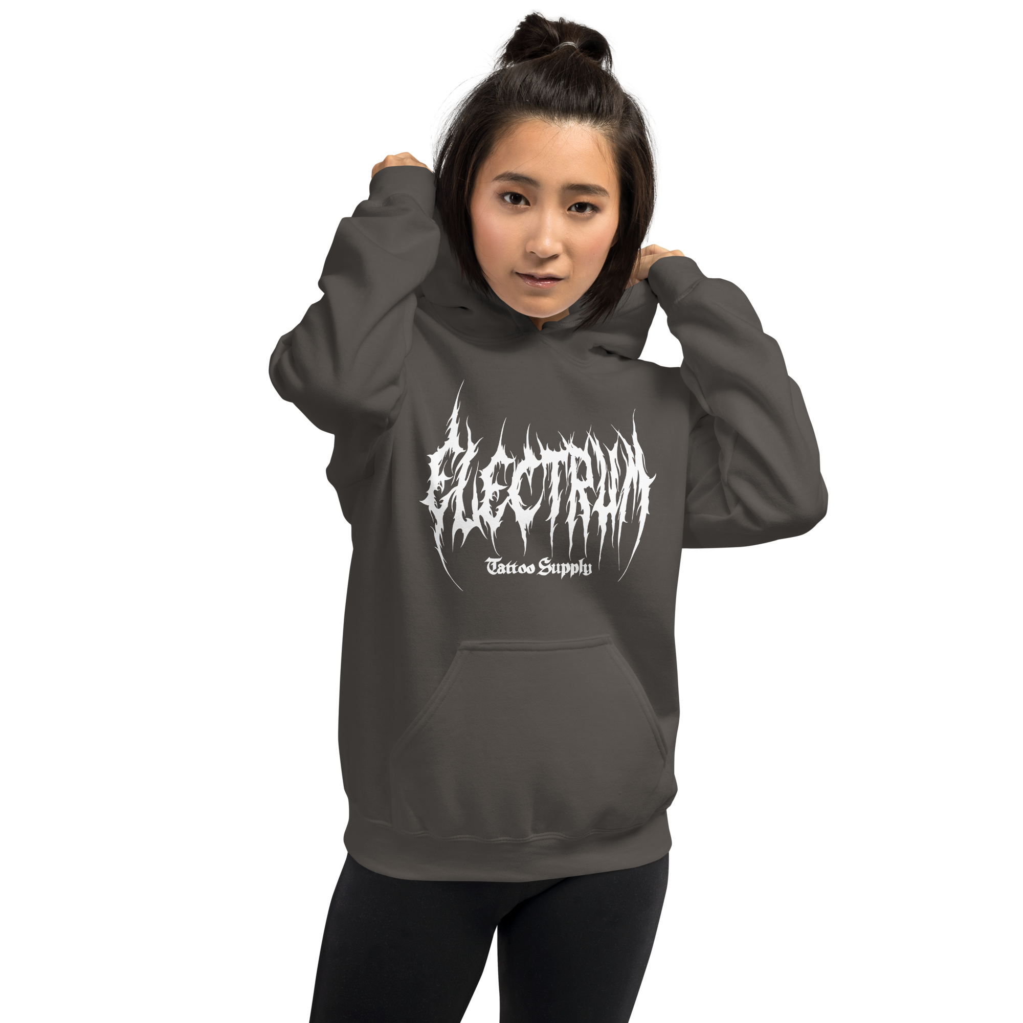 Person wearing a gray hoodie with 'Electrum Tattoo Supply' logo in white in a metal inspired font
