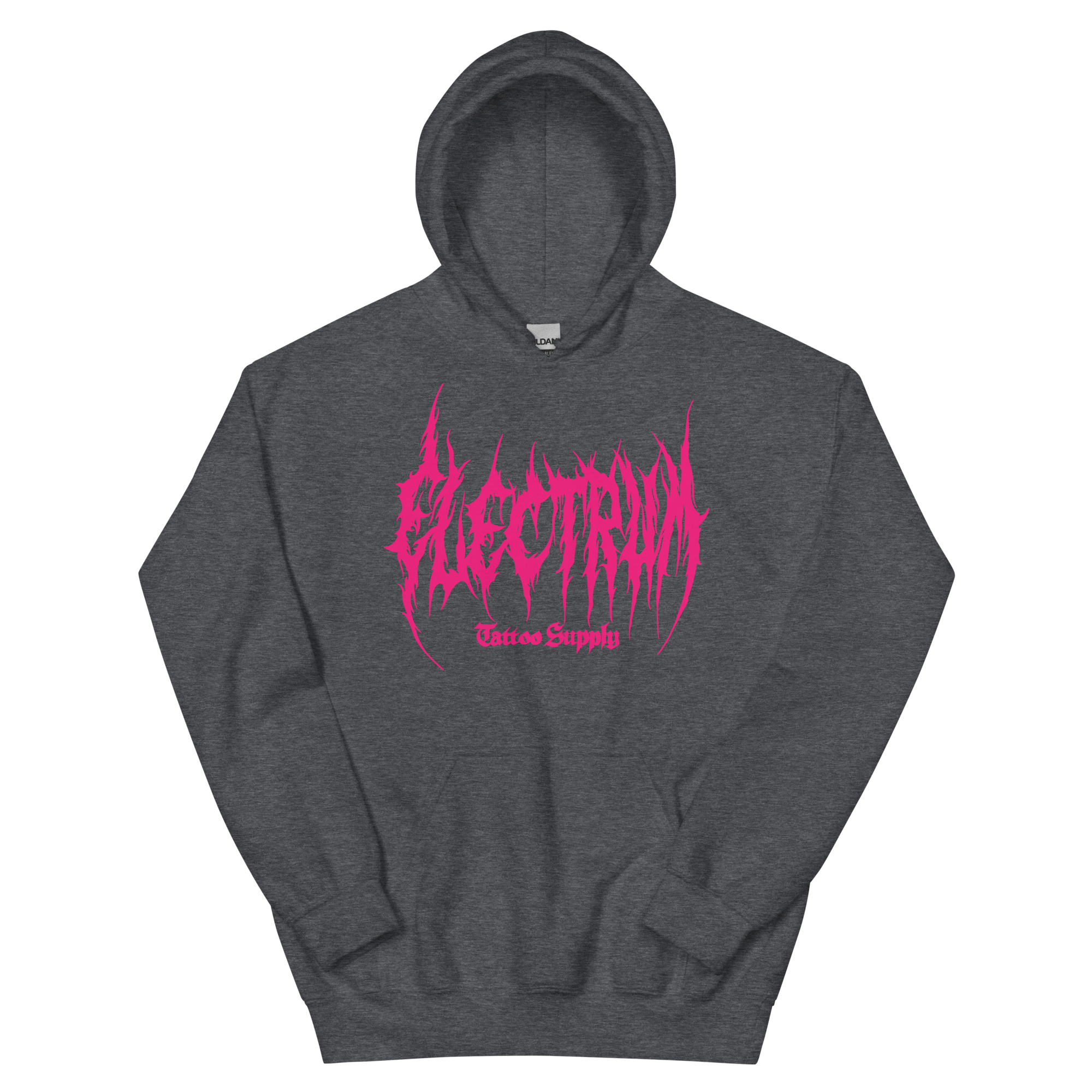 grey hoodie with pink metal electrum text 