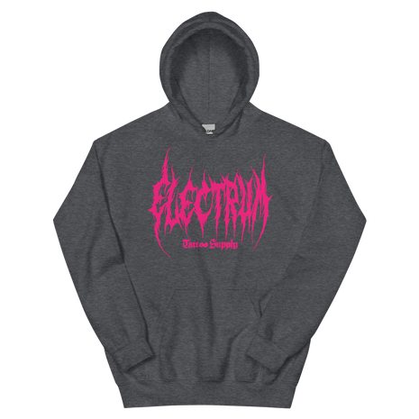 grey hoodie with pink metal electrum text 