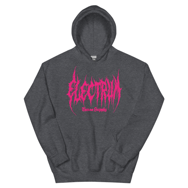 grey hoodie with pink metal electrum text 