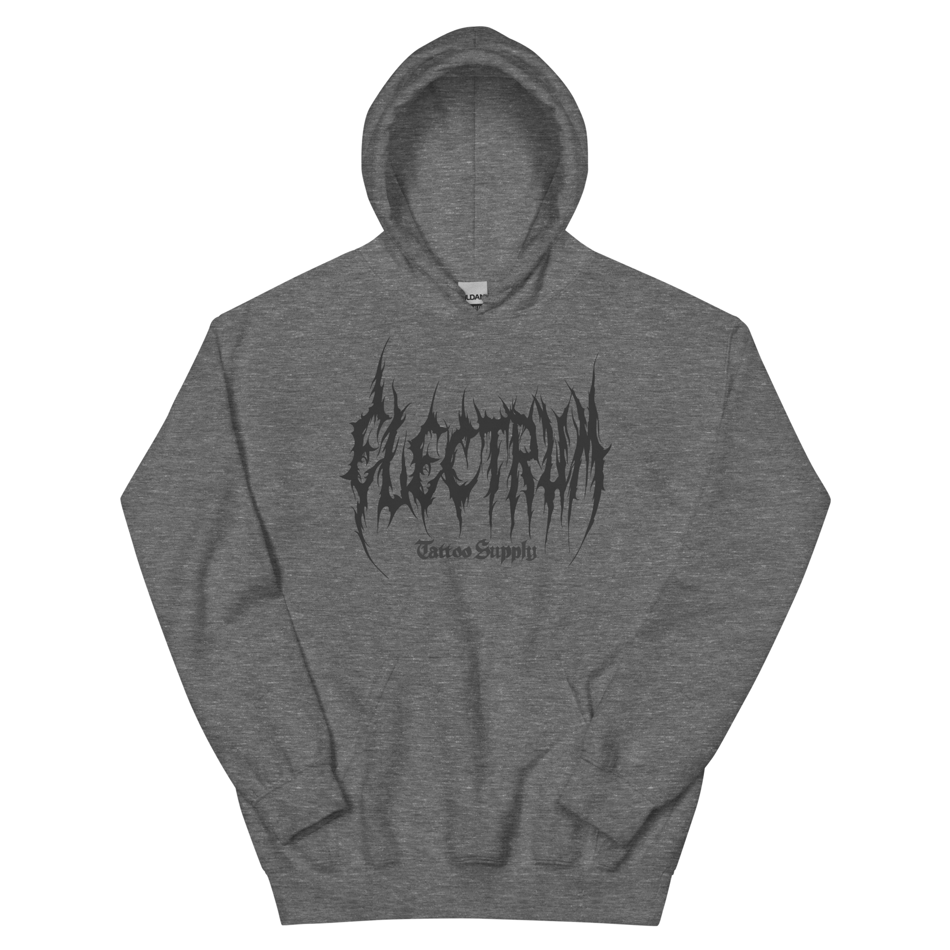 grey hoodie with 'Electrum' logo in grey metal lettering