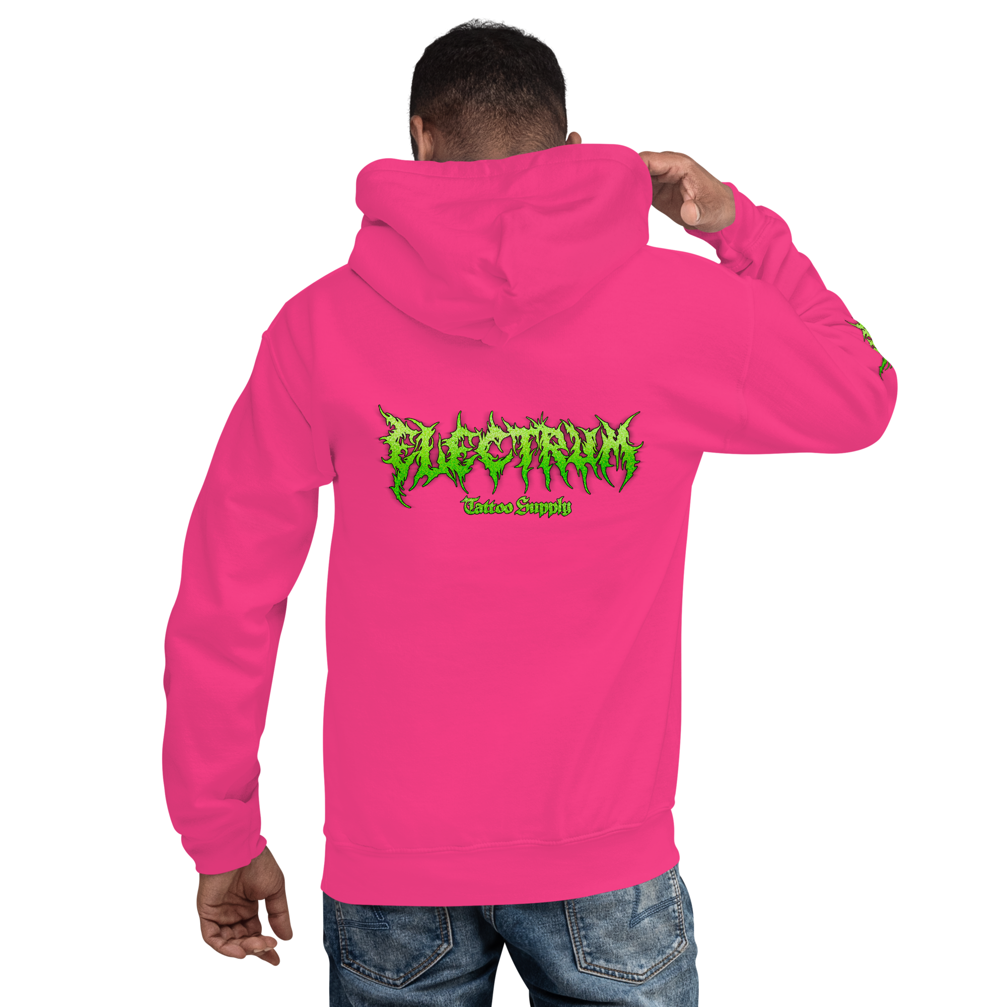 man wearing a hot pink electrum supply hoodie with green metal style lettering on the front, right arm and back