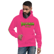 man wearing a hot pink electrum supply hoodie with green metal style lettering on the front, right arm and back