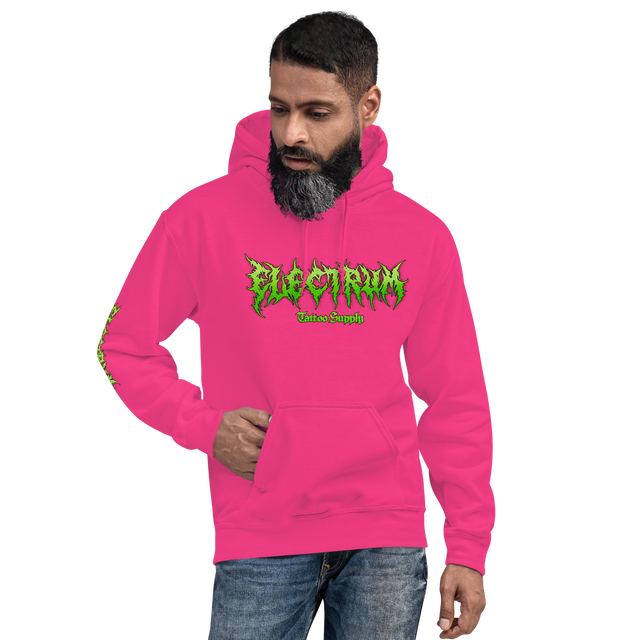 man wearing a hot pink electrum supply hoodie with green metal style lettering on the front, right arm and back