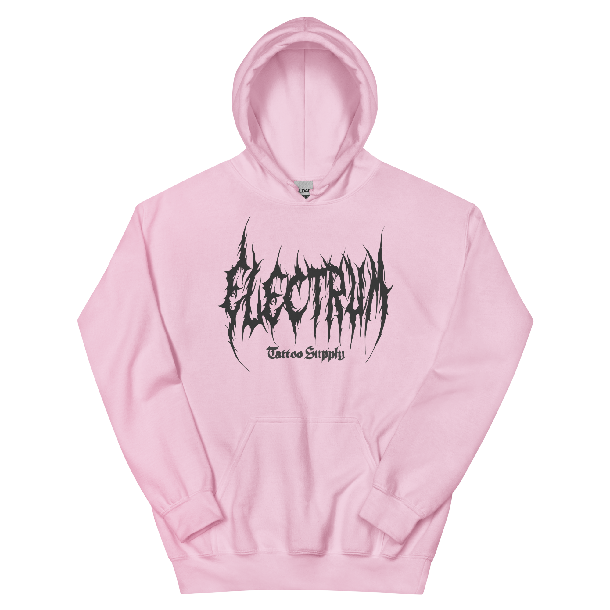 pink hoodie with 'Electrum' logo in grey metal lettering