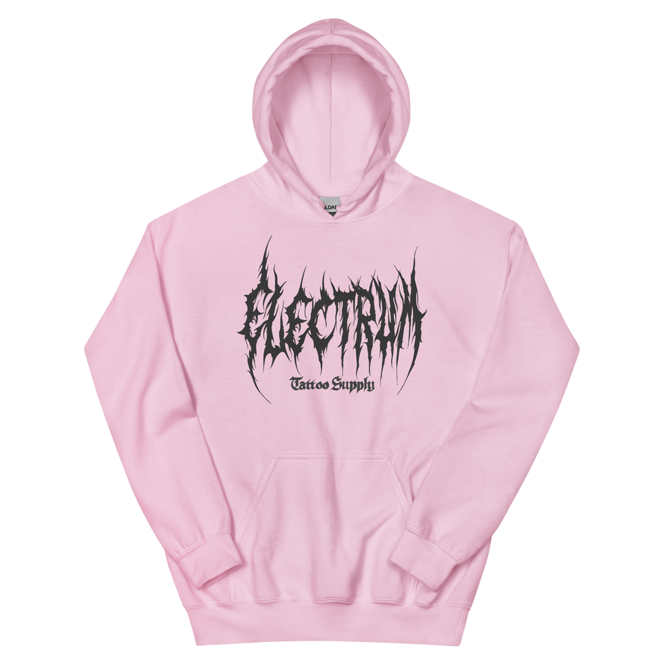 pink hoodie with 'Electrum' logo in grey metal lettering