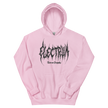pink hoodie with 'Electrum' logo in grey metal lettering