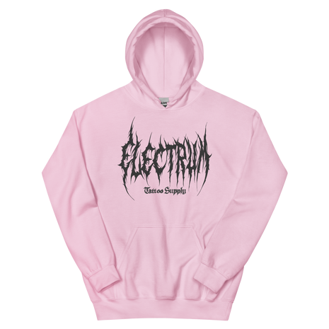 pink hoodie with 'Electrum' logo in grey metal lettering