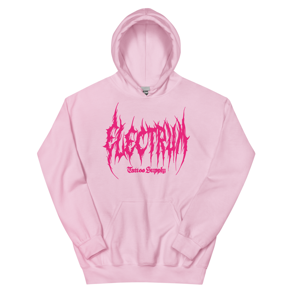Pink hoodie with pink metal electrum text 