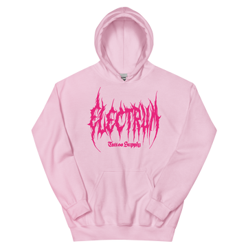 Pink hoodie with pink metal electrum text 