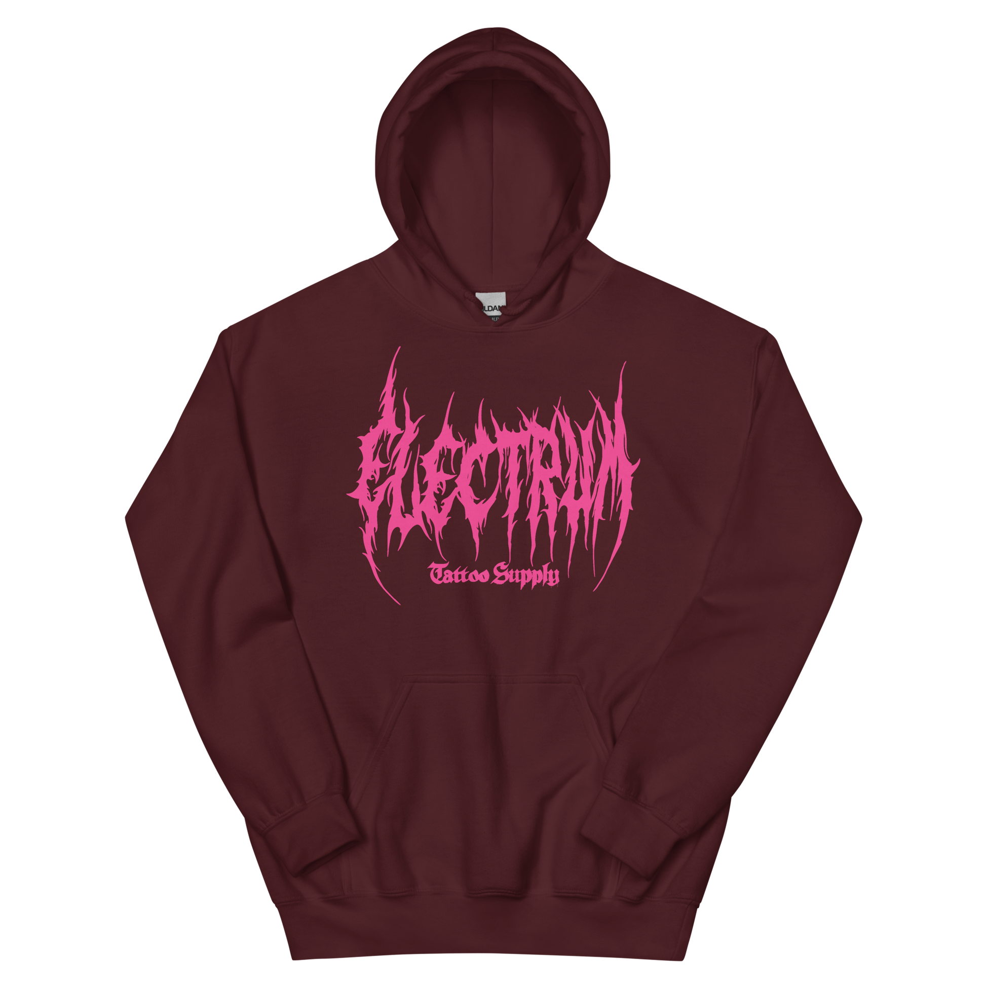 maroon hoodie with pink metal electrum text 
