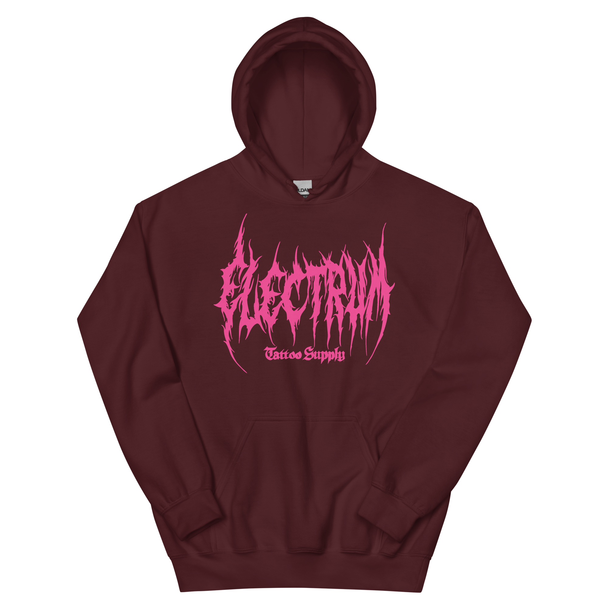 maroon hoodie with pink metal electrum text 