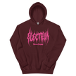 maroon hoodie with pink metal electrum text 