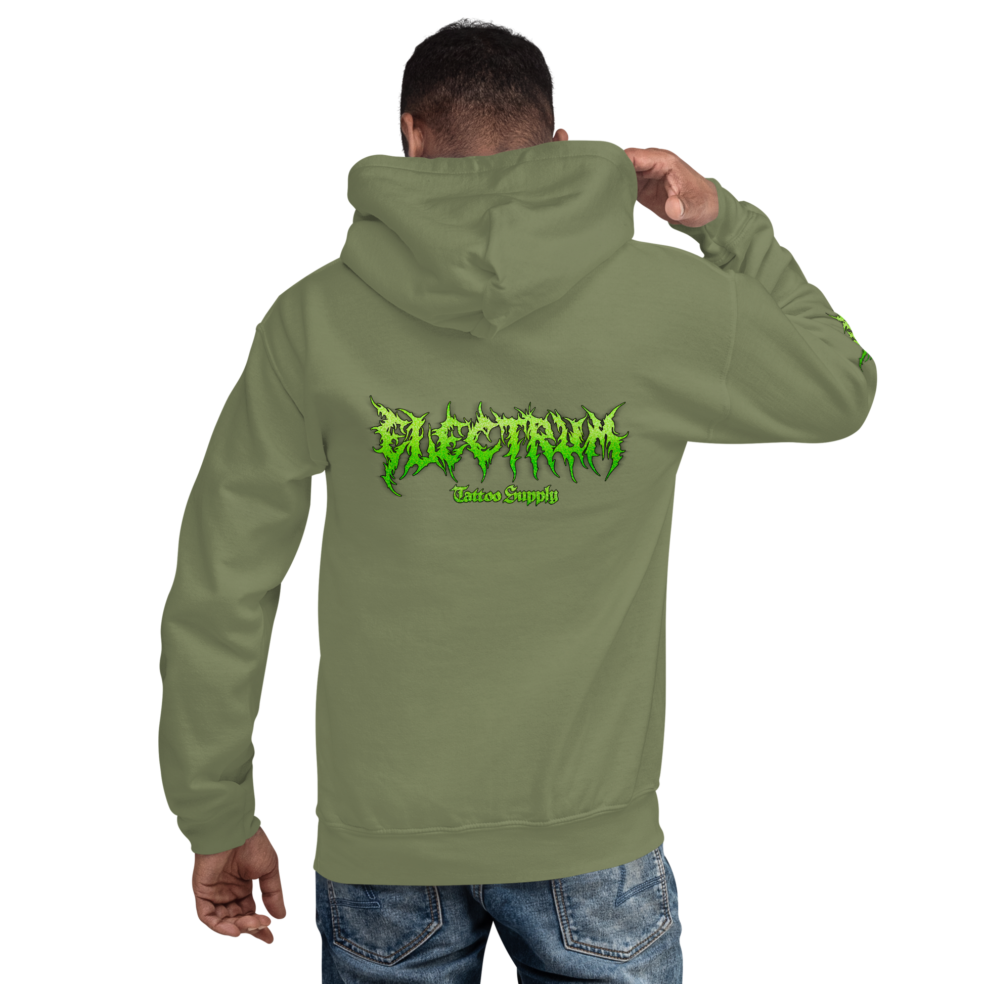 man wearing a green electrum supply hoodie with green metal style lettering on the front, right arm and back