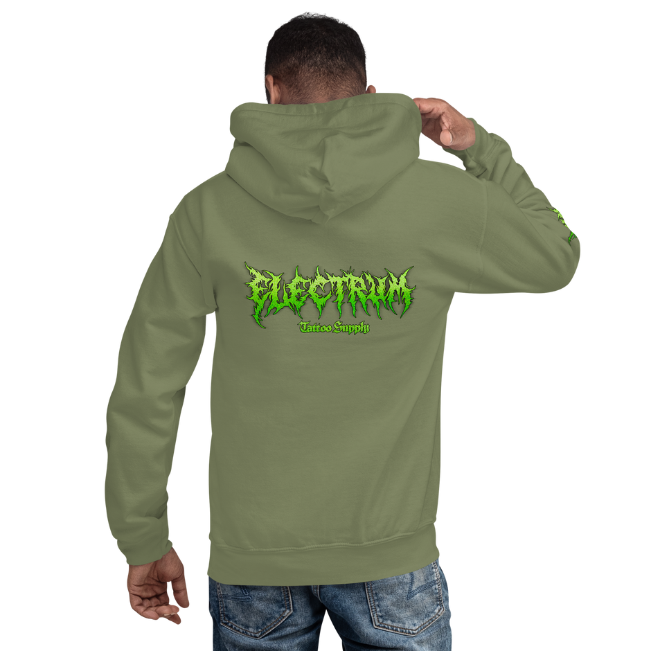 man wearing a green electrum supply hoodie with green metal style lettering on the front, right arm and back