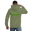 man wearing a green electrum supply hoodie with green metal style lettering on the front, right arm and back