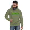 man wearing a green electrum supply hoodie with green metal style lettering on the front, right arm and back
