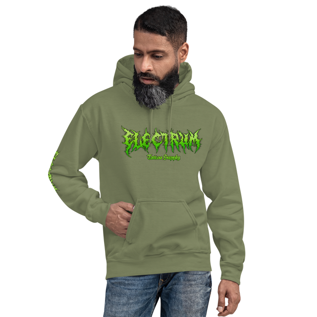 man wearing a green electrum supply hoodie with green metal style lettering on the front, right arm and back