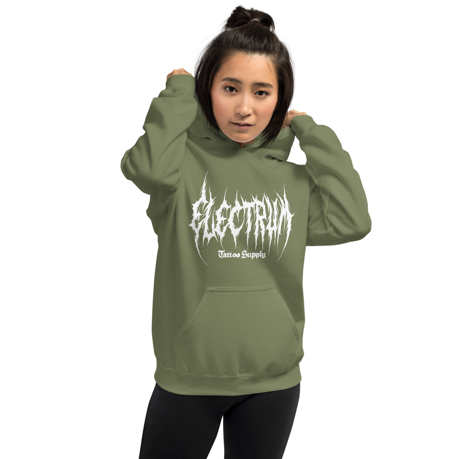 Person wearing a green hoodie with 'Electrum Tattoo Supply' logo in white in a metal inspired font