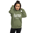 Person wearing a green hoodie with 'Electrum Tattoo Supply' logo in white in a metal inspired font