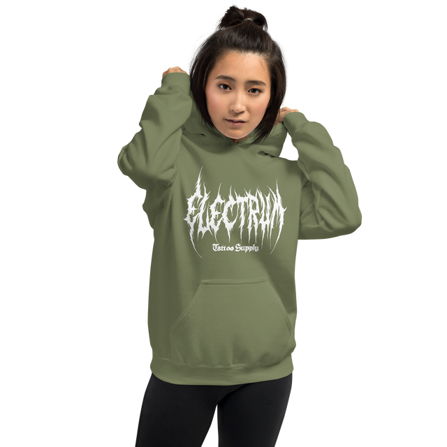 Person wearing a green hoodie with 'Electrum Tattoo Supply' logo in white in a metal inspired font