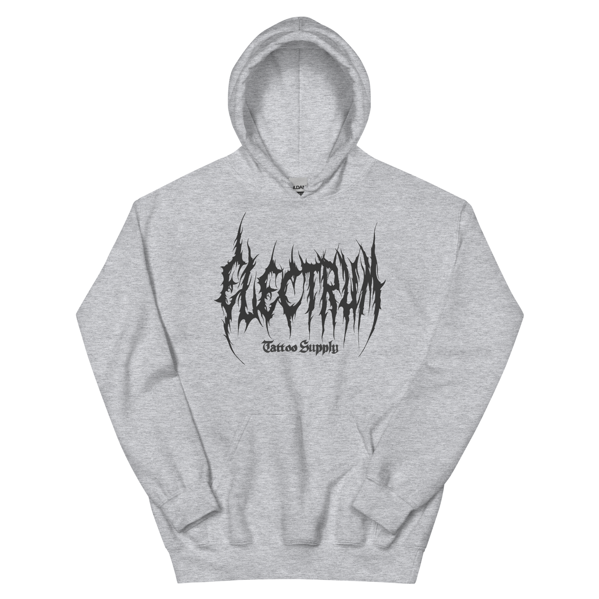 light grey hoodie with 'Electrum' logo in grey metal lettering