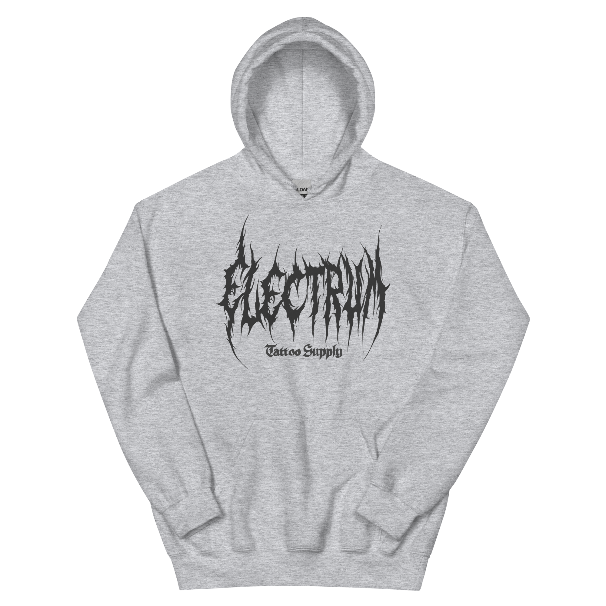 light grey hoodie with 'Electrum' logo in grey metal lettering