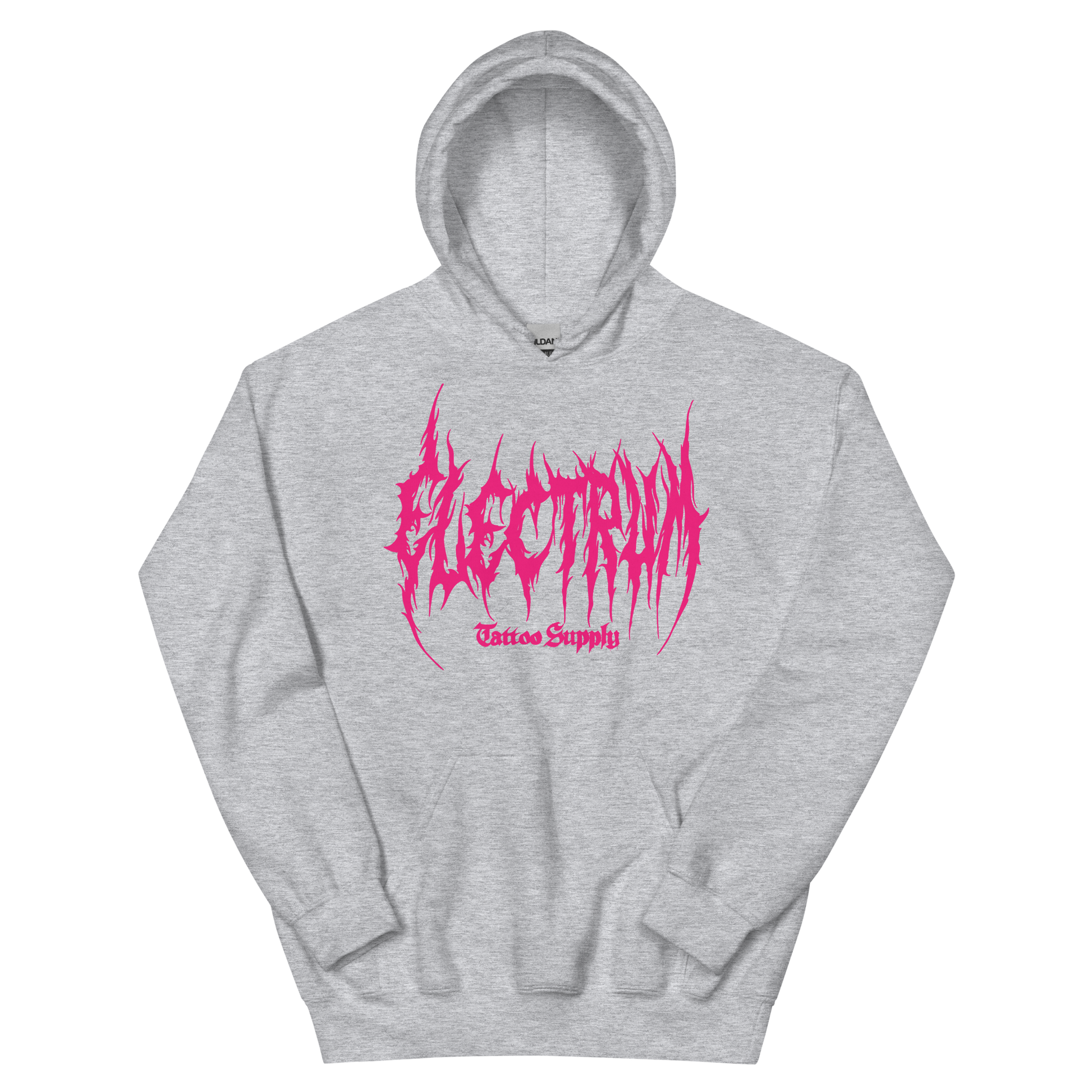 light gray hoodie with pink metal electrum text 