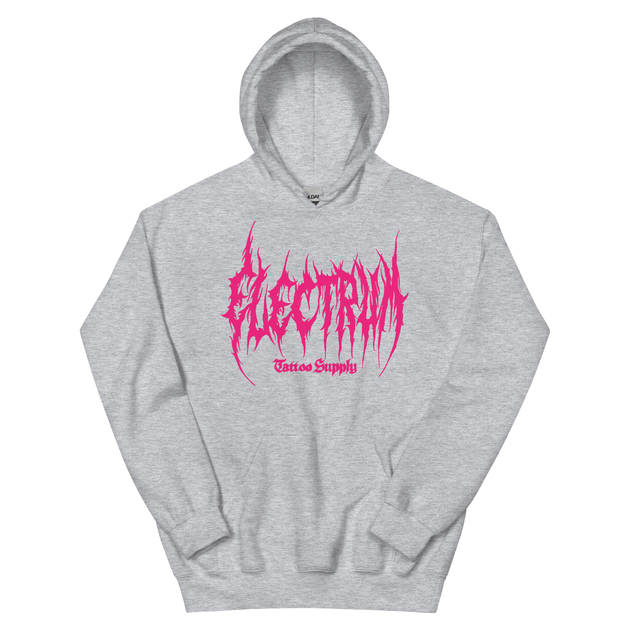 light gray hoodie with pink metal electrum text 