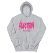light gray hoodie with pink metal electrum text 
