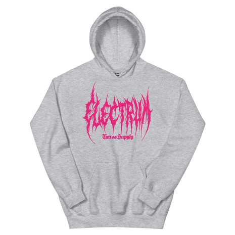 light gray hoodie with pink metal electrum text 