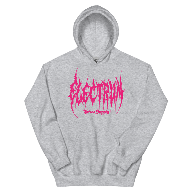 light gray hoodie with pink metal electrum text 