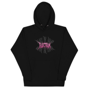 Black hoodie with pink and grey 'Electrum' logo