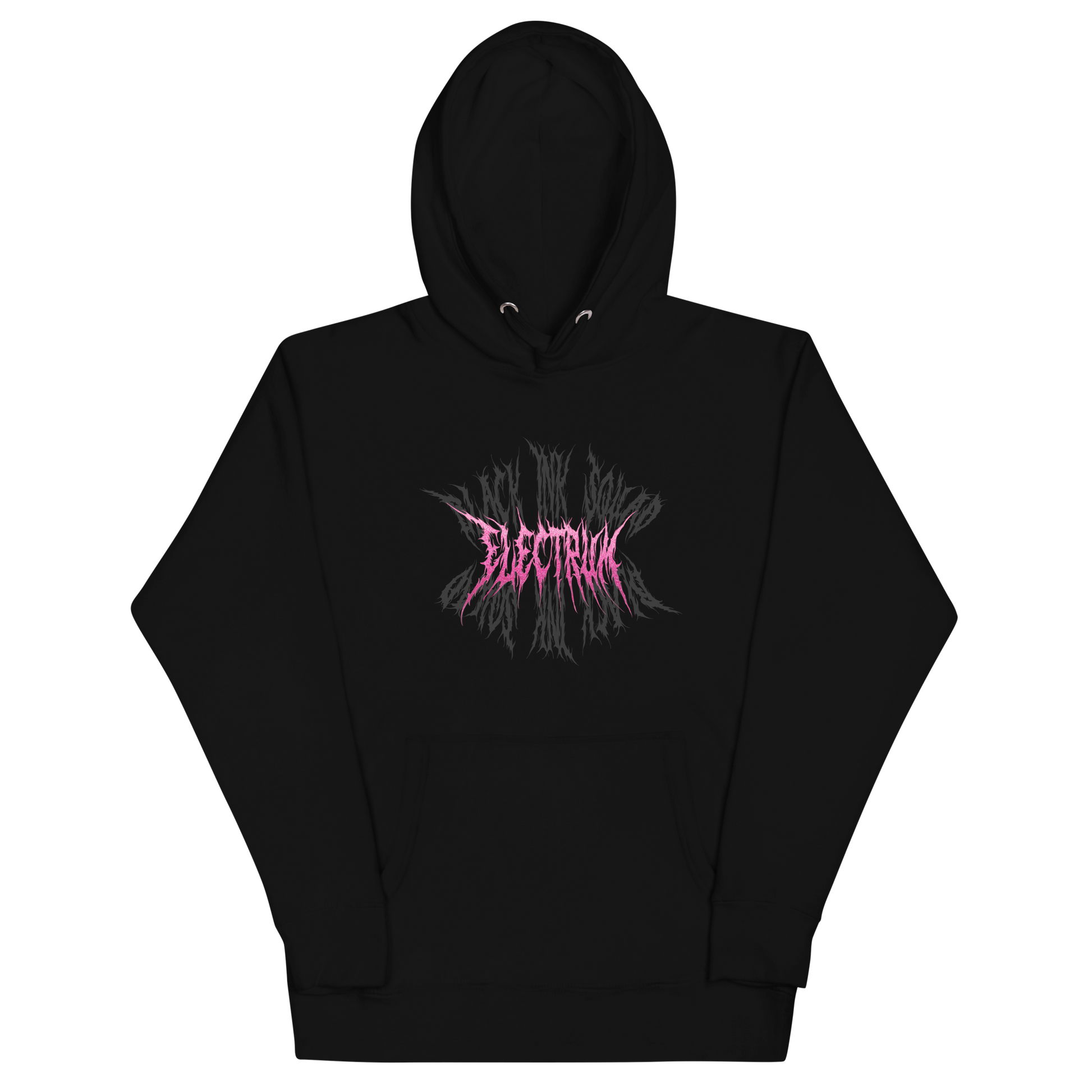 Black hoodie with pink and grey 'Electrum' logo