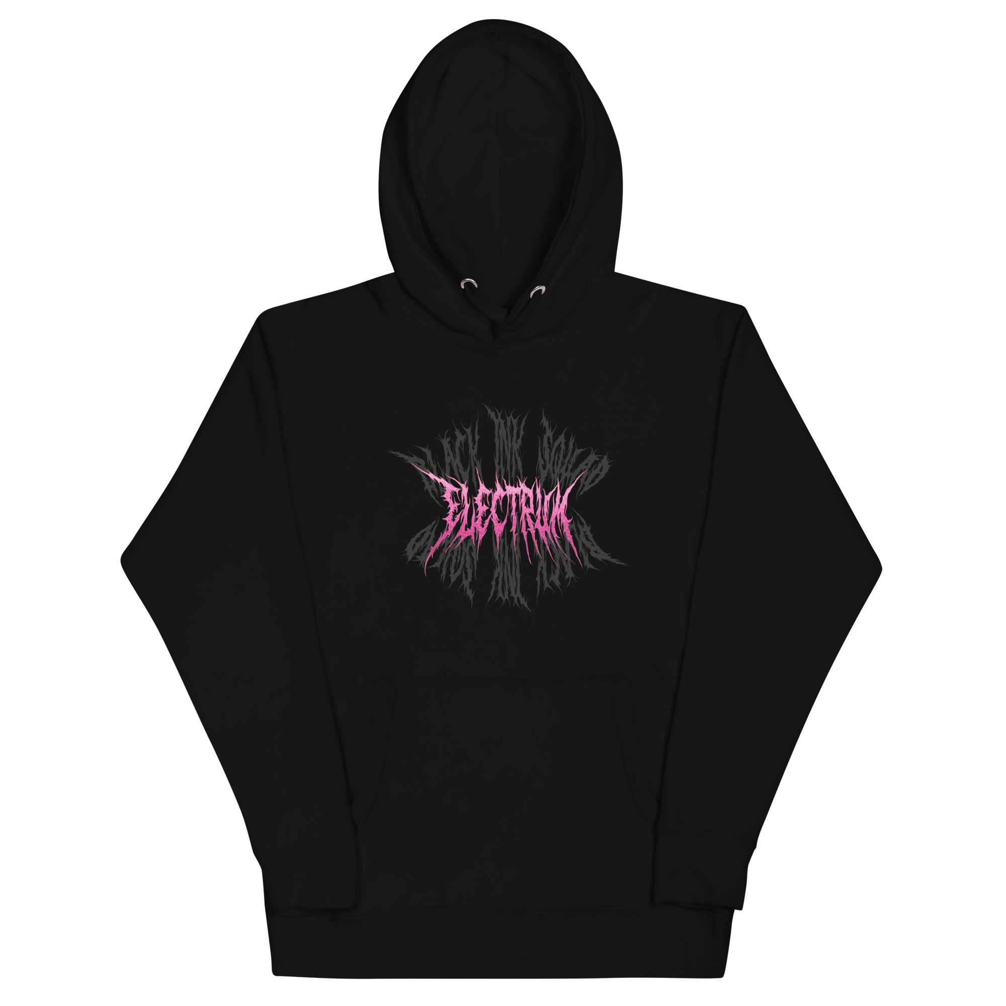 Black hoodie with pink and grey 'Electrum' logo