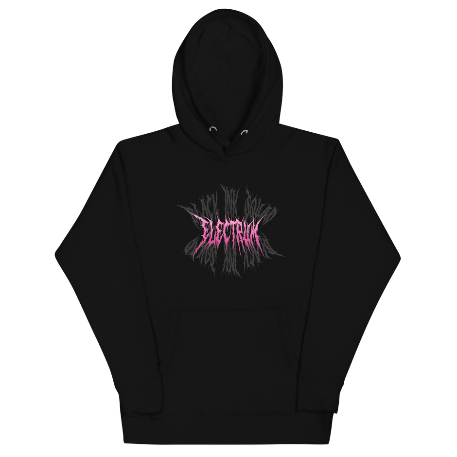Black hoodie with pink and grey 'Electrum' logo